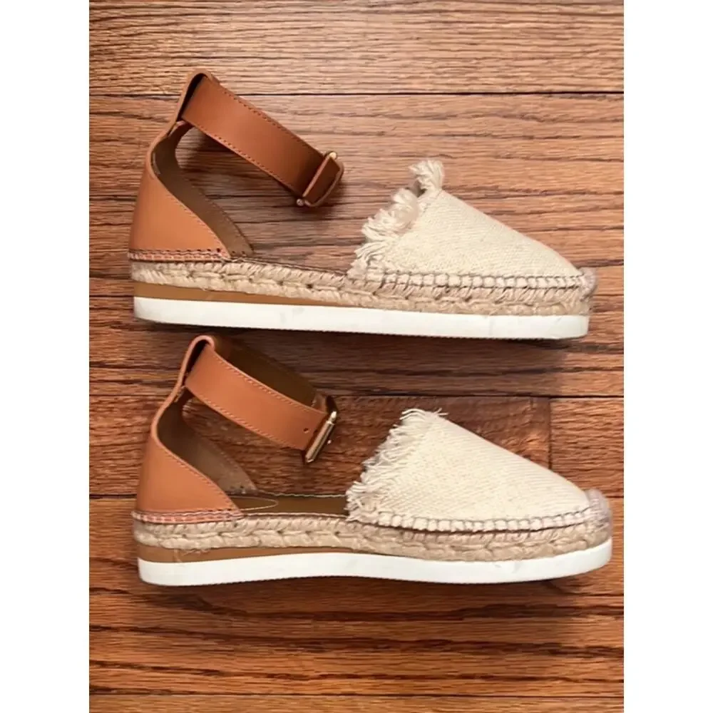 See By Chloé Cream and Tan Espadrille Sandal